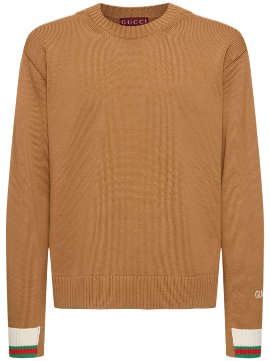 Gucci: Web detail cotton crewneck sweater - Camel/White - men_0 | Luisa Via Roma