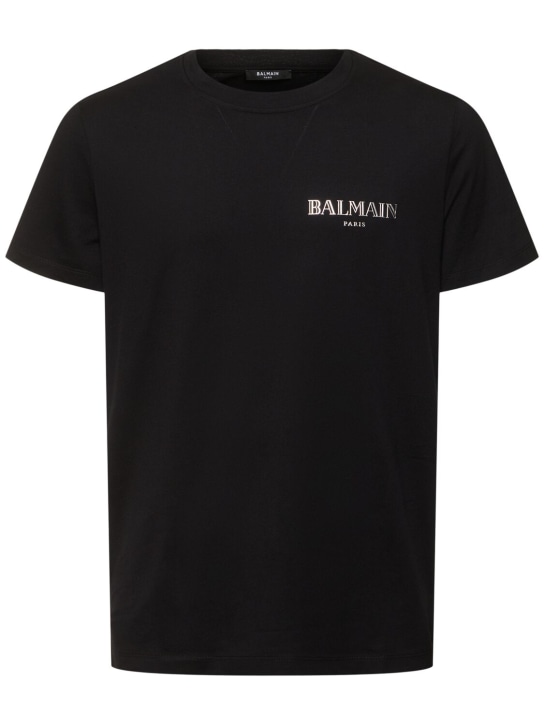 Balmain: Camiseta de algodón estampado - Negro/Blanco - men_0 | Luisa Via Roma