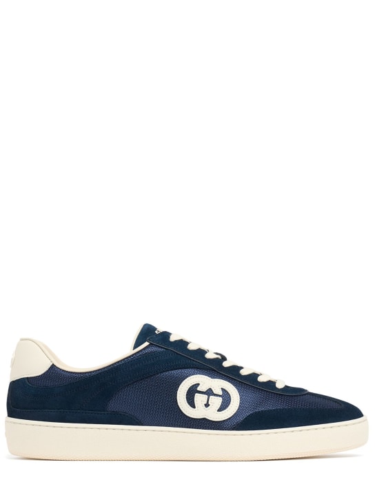 Gucci: Sneakers G74 in camoscio e tessuto con logo GG - Blu - men_0 | Luisa Via Roma