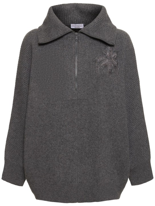 Brunello Cucinelli: Ribbed knit half zip sweater - Gri - women_0 | Luisa Via Roma