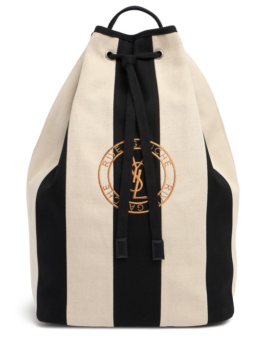 Saint Laurent: Rive Gauche cotton & linen body bag - Beyaz/Siyah - men_0 | Luisa Via Roma