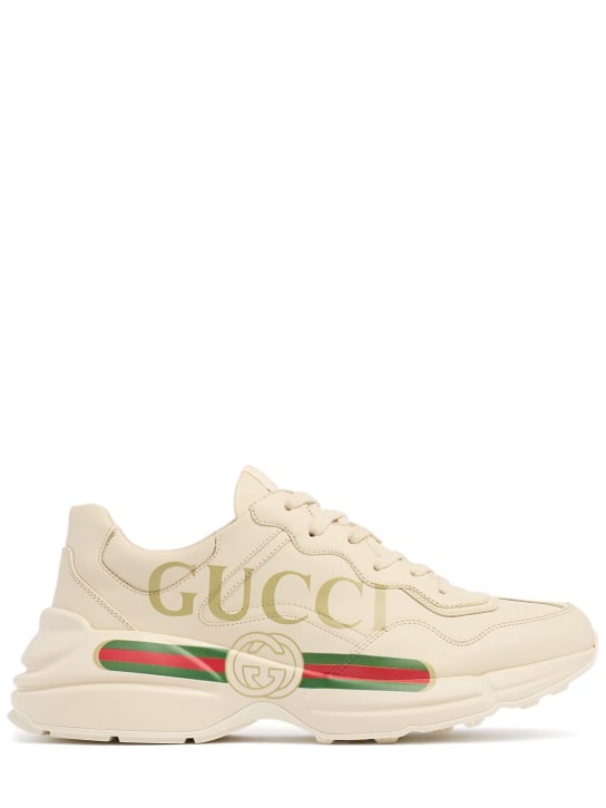 Gucci: Rhyton Gucci print leather sneakers - Fil dişi rengi - men_0 | Luisa Via Roma