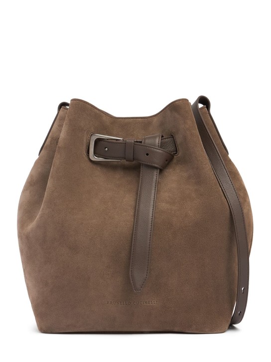 Brunello Cucinelli: Softy velour bucket bag - Medium Brown 01 - women_0 | Luisa Via Roma