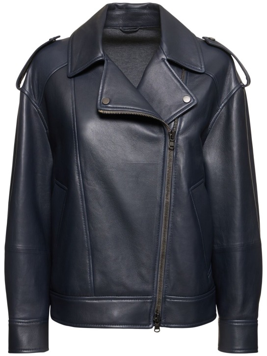 Brunello Cucinelli: Leather biker jacket - Dark Blue - women_0 | Luisa Via Roma