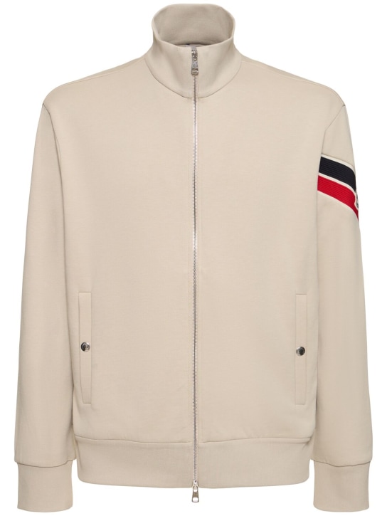 Moncler: Tricolor detail cotton zip-up sweatshirt - Gümüş grisi - men_0 | Luisa Via Roma