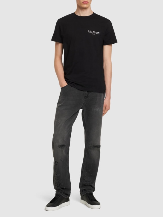Balmain: T-Shirt mit silberfarbenem Vintage-Logo - Schwarz/Weiß - men_1 | Luisa Via Roma