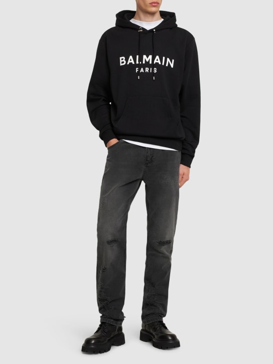 Balmain: Logo printed cotton hoodie - Black/White - men_1 | Luisa Via Roma