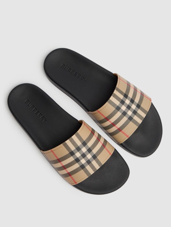 Burberry: Furley Check tech slide sandals - Archive Beige - men_1 | Luisa Via Roma