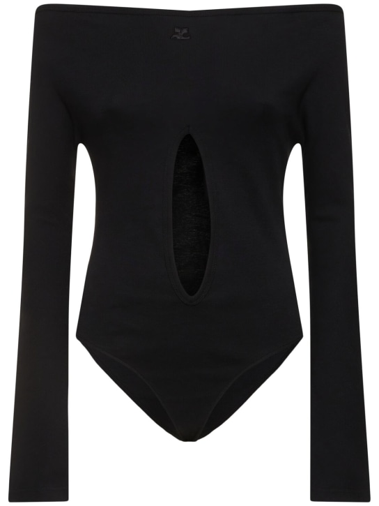 Courreges: 垂褶平纹针织棉质连体衣 - 黑色 - women_0 | Luisa Via Roma