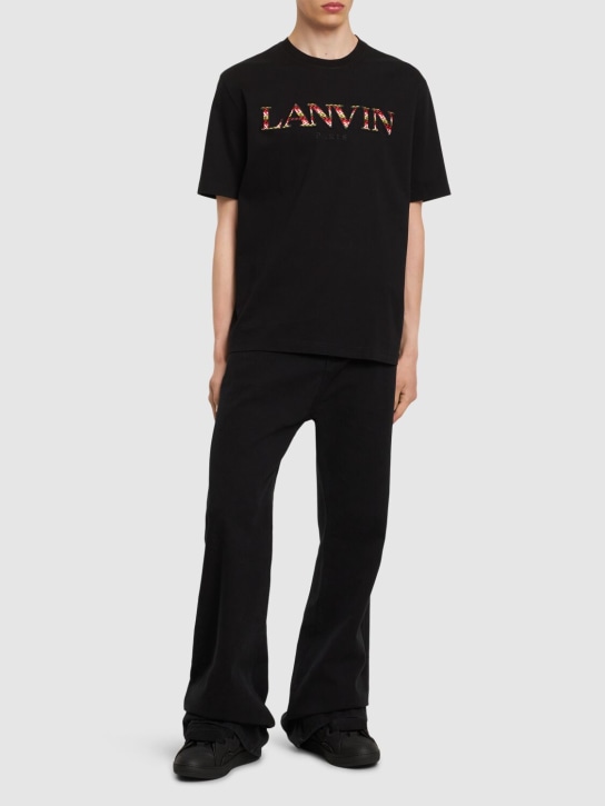 Lanvin: Curb logo embroidery cotton t-shirt - Black - men_1 | Luisa Via Roma