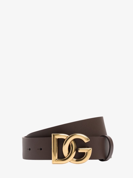Dolce&Gabbana: Cintura in pelle con logo 3,5cm - Marrone/Oro - men_0 | Luisa Via Roma