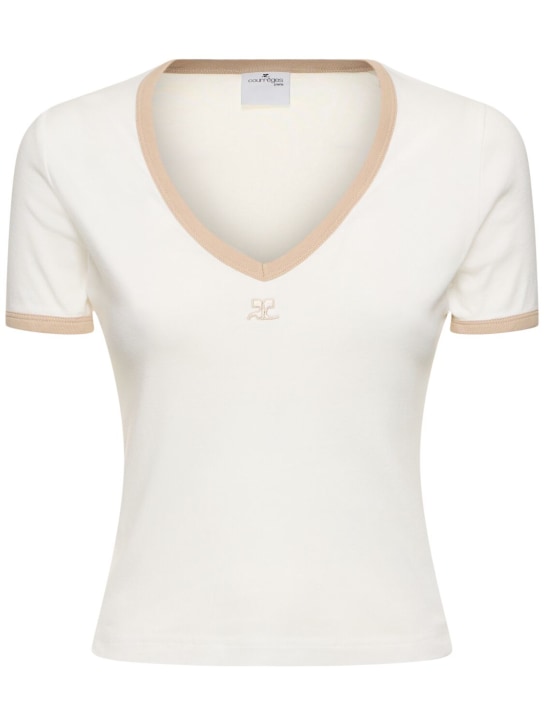 Courreges: Camiseta de algodón con cuello en V - Blanco - women_0 | Luisa Via Roma