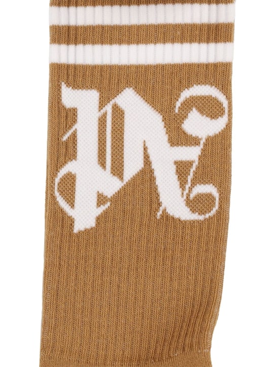 Palm Angels: Monogram stretch cotton socks - Golden Brown - men_1 | Luisa Via Roma