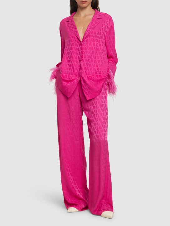 Valentino: Pantaloni dritti in seta jacquard con logo - Pink - women_1 | Luisa Via Roma