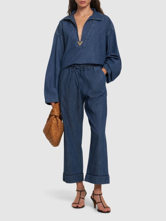 Valentino: Pantalones anchos de cambray - Azul - women_1 | Luisa Via Roma