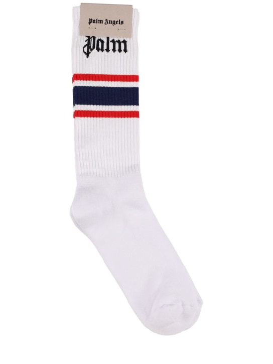 Palm Angels: Classic logo stretch cotton socks - Beyaz/Mavi - men_0 | Luisa Via Roma