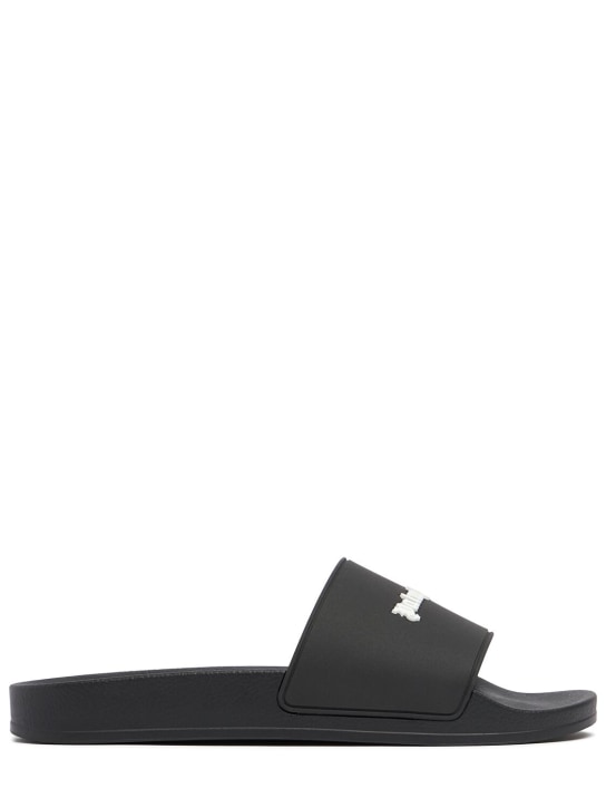 Palm Angels: Essential logo rubber pool slide sandals - Siyah - men_0 | Luisa Via Roma