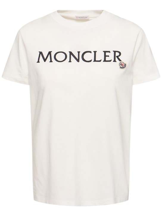 Moncler: Camiseta de algodón con logo bordado - Blanco Opaco - women_0 | Luisa Via Roma