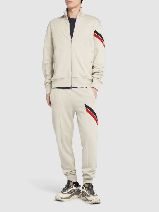 Moncler: Tricolor detail cotton zip-up sweatshirt - Silver/Grey - men_1 | Luisa Via Roma