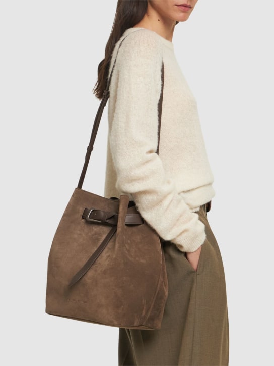 Brunello Cucinelli: Softy velour bucket bag - Medium Brown 01 - women_1 | Luisa Via Roma