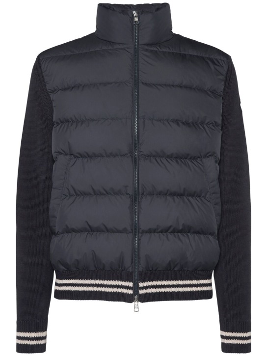 Moncler: Padded tech & cotton cardigan jacket - Mavi - men_0 | Luisa Via Roma