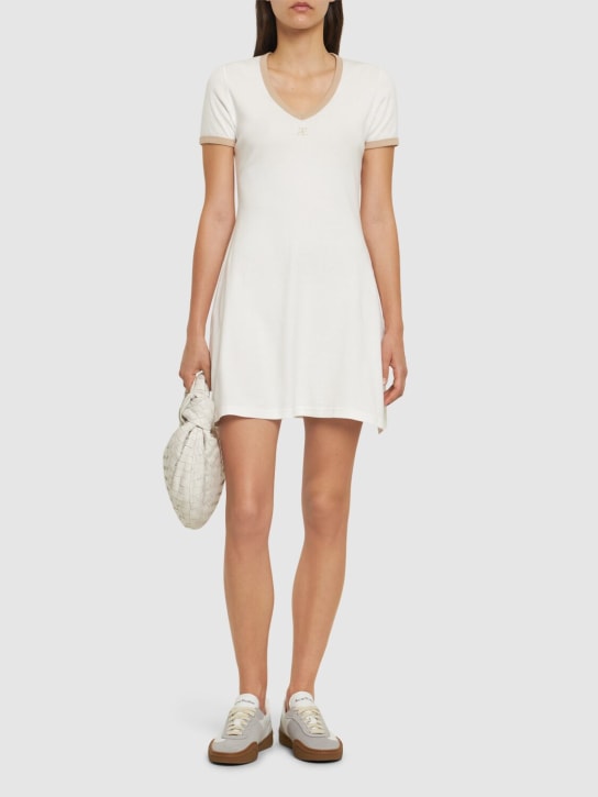 Courreges: Contrast V-neck cotton mini dress - Beyaz - women_1 | Luisa Via Roma