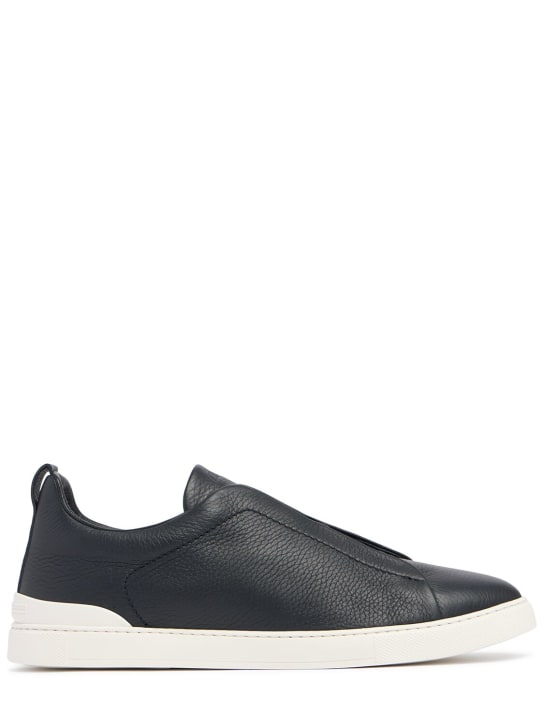 Zegna: Triple Stitch leather low-top sneakers - Navy - men_0 | Luisa Via Roma