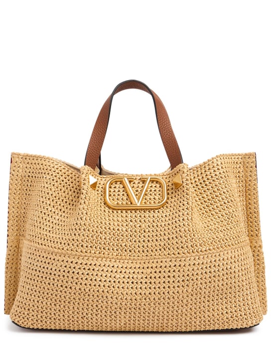 Valentino Garavani: Medium V Logo viscose & leather tote bag - Natural - women_0 | Luisa Via Roma