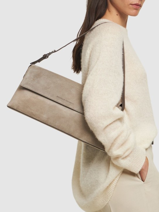 Brunello Cucinelli: Softy velour shoulder bag - Dark Beige - women_1 | Luisa Via Roma