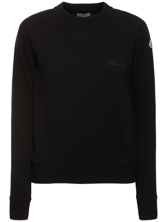 Moncler: Virgin wool blend crewneck sweater - 黑色 - women_0 | Luisa Via Roma