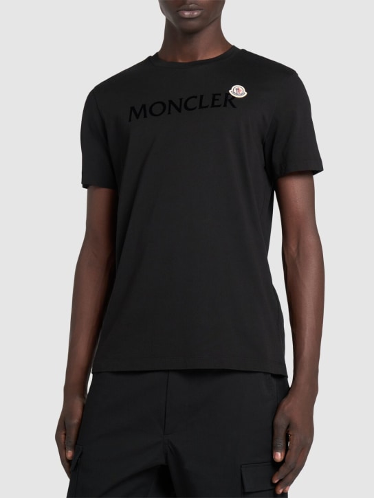 Moncler: Flocked logo cotton t-shirt - men_2 | Luisa Via Roma