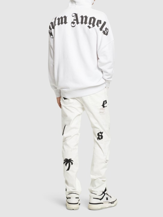 Palm Angels: Logo print cotton jersey hoodie - White/Black - men_1 | Luisa Via Roma