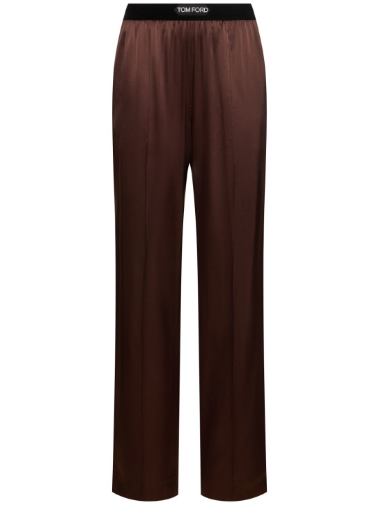 Tom Ford: Pantalon de pyjama en satin de soie à logo - Marron - women_0 | Luisa Via Roma