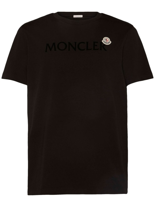 Moncler: T-shirt en coton à logo floqué - Noir - men_0 | Luisa Via Roma