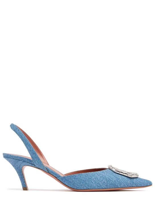 Amina Muaddi: 60mm Camelia denim print suede heels - Blue - women_0 | Luisa Via Roma