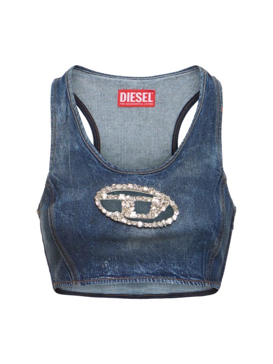 Diesel: Embellished cotton blend logo top - Mavi - women_0 | Luisa Via Roma