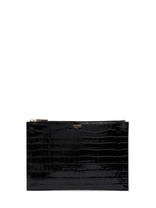 Tom Ford: Shiny croc embossed flat pouch w/strap - Black - men_0 | Luisa Via Roma