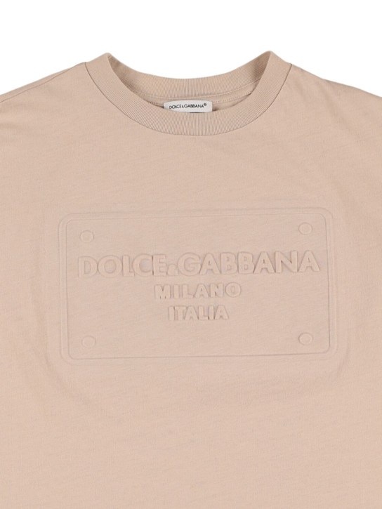 Dolce&Gabbana: Logo棉质平纹针织T恤 - 米黄色 - kids-girls_1 | Luisa Via Roma