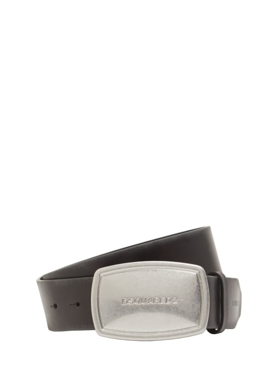 Dsquared2: Cintura in pelle / placchetta logo 40mm - Nero/Palladium - men_0 | Luisa Via Roma