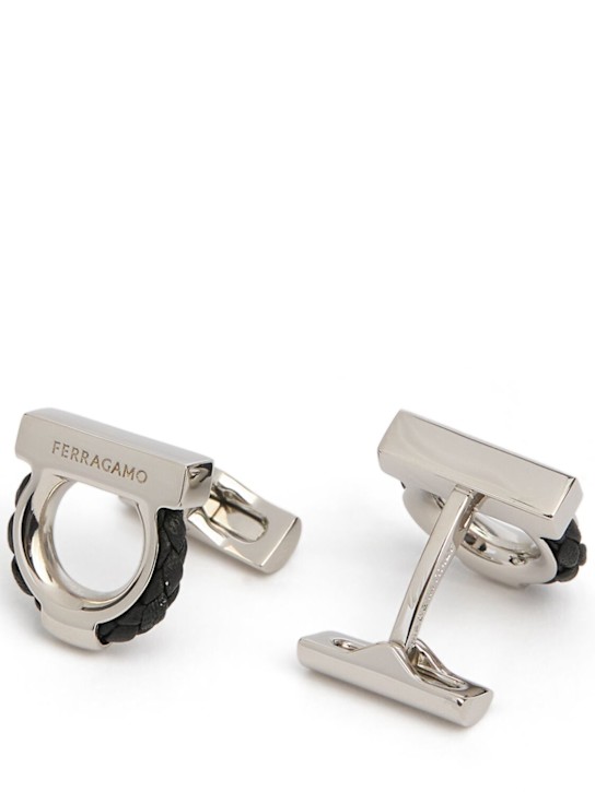Ferragamo: Braided leather Gancio cufflinks - men_0 | Luisa Via Roma
