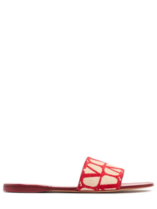 Valentino Garavani: 5毫米Iconographie皮革&帆布平底鞋 - 米黄色/红色 - women_0 | Luisa Via Roma