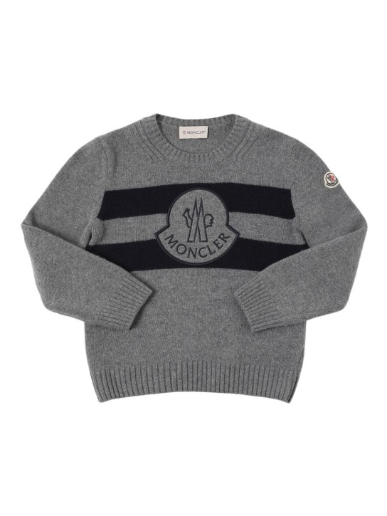 Moncler: Logo carded wool knit sweater - Grey - kids-boys_0 | Luisa Via Roma