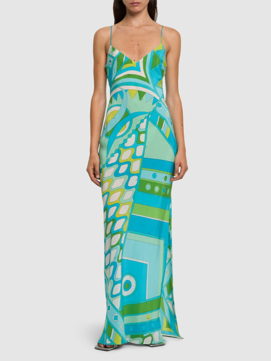 Pucci: Silk crepe long dress - Mavi/Yeşil - women_1 | Luisa Via Roma