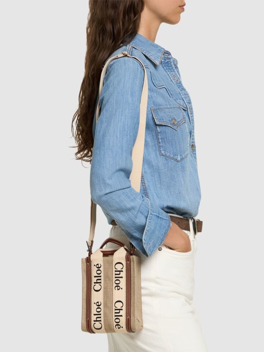 Chloé: Medium Woody linen canvas bag - White - Brown 1 - women_1 | Luisa Via Roma
