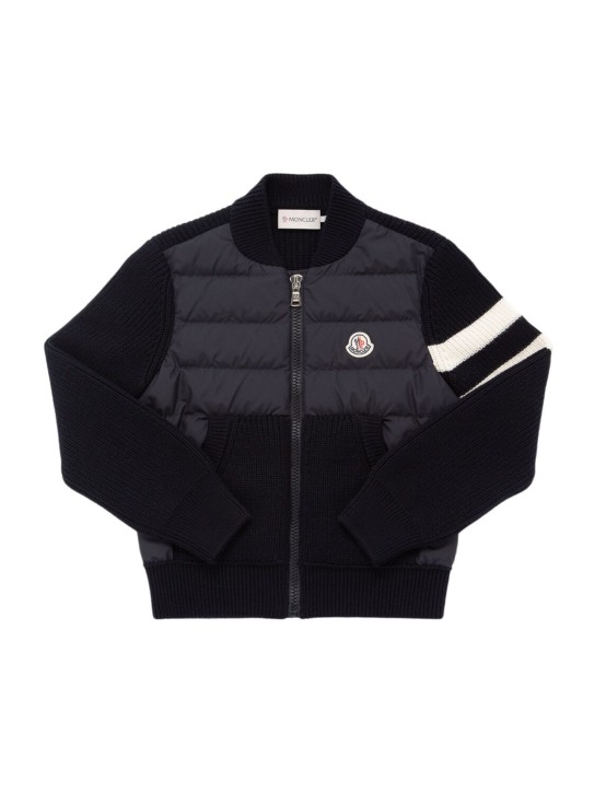 Moncler: Tech & wool down cardigan jacket - 로얄 블루 - kids-boys_0 | Luisa Via Roma