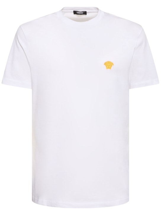 Versace: T-shirt in jersey di cotone compatto con logo - Bianco - men_0 | Luisa Via Roma