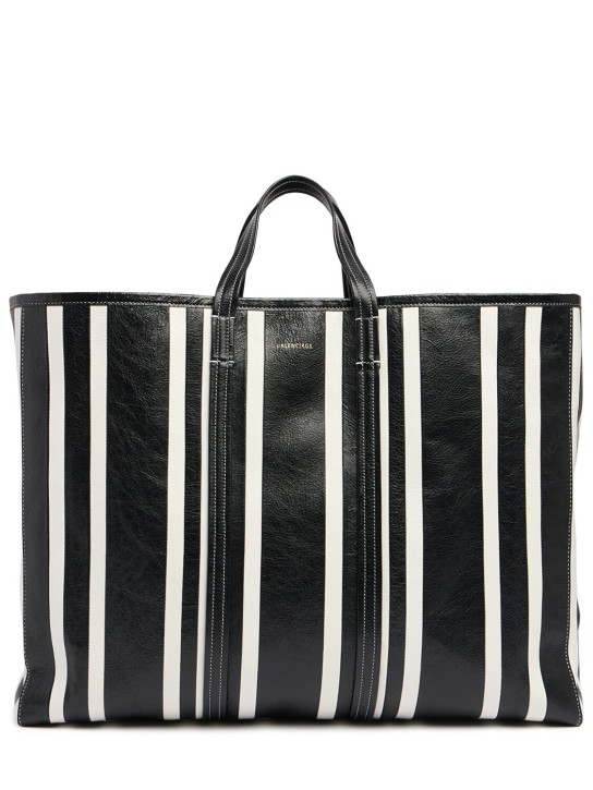 Balenciaga: Striped leather tote bag - Black/White - men_0 | Luisa Via Roma