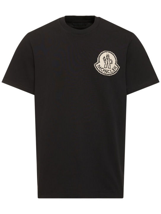 Moncler: 로고 코튼 저지 티셔츠 - Smoky Black - men_0 | Luisa Via Roma