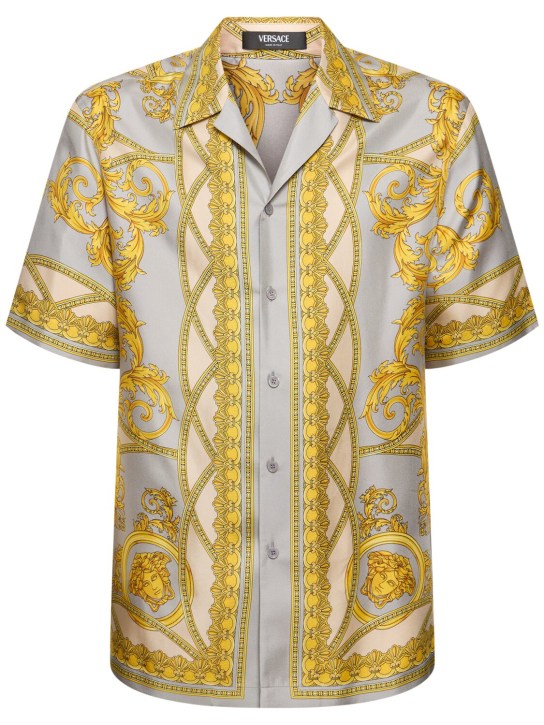 Versace: Baroque print short sleeve silk shirt - Grey/Gold - men_0 | Luisa Via Roma