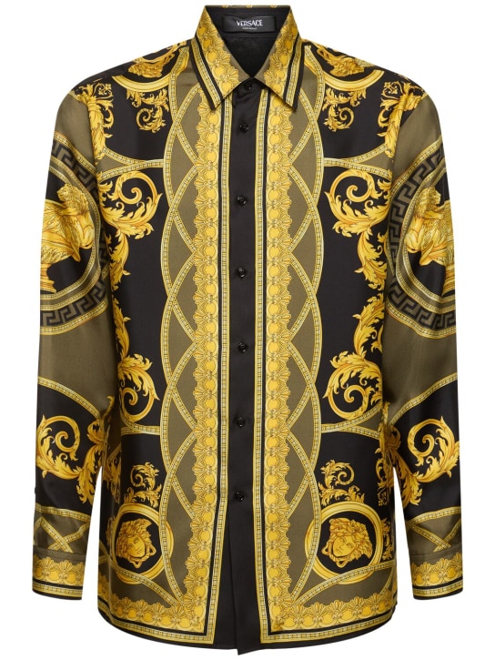 Versace: Camicia casual in twill di seta stampato - Nero/Oro - men_0 | Luisa Via Roma